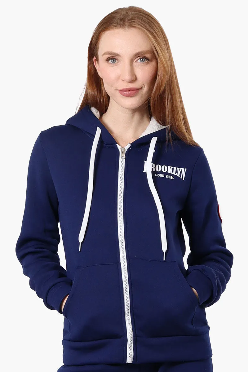 Fahrenheit Fleece Lined Brooklyn Print Hoodie - Navy sold by Fairweather