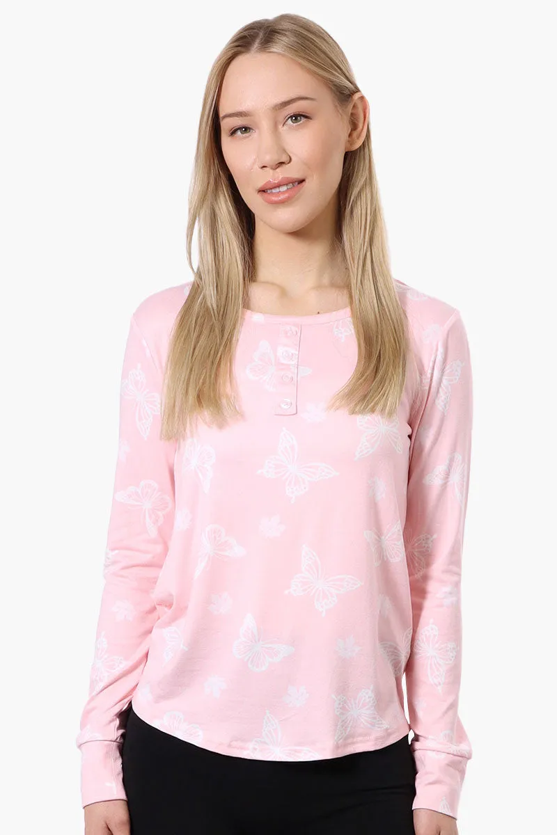 Canada Weather Gear Butterfly Pattern Henley Pajama Top - Pink sold by Fairweather