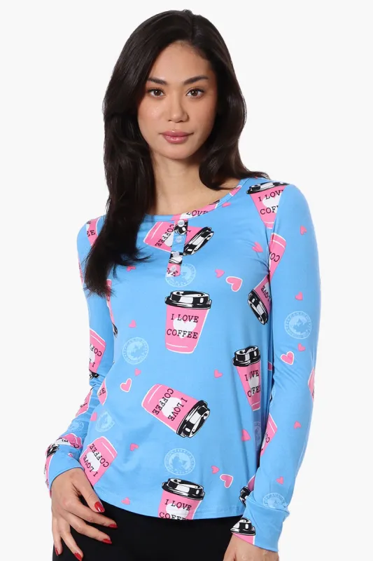 Canada Weather Gear I Love Coffee Pattern Henley Pajama Top - Blue sold by Fairweather