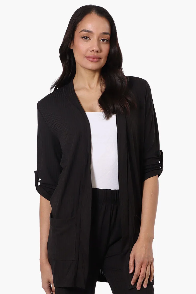 Majora Ribbed Roll Up Sleeve Wrap Cardigan - Black sold by Fairweather