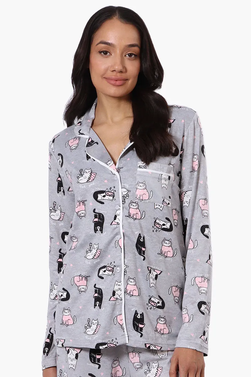 Canada Weather Gear Cat Pattern Button Down Pajama Top - Grey sold by Fairweather
