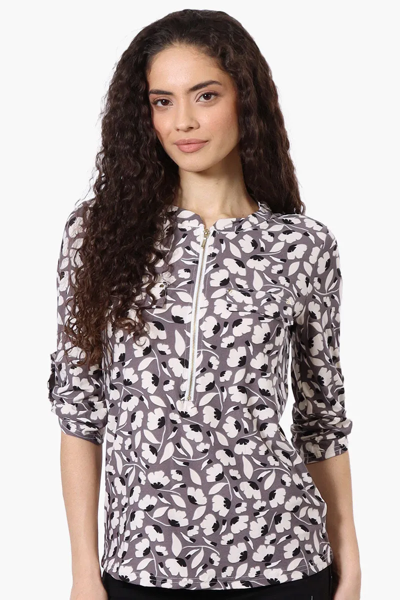 Beechers Brook Floral Half Zip Roll Up Sleeve Shirt - Purple sold by Fairweather