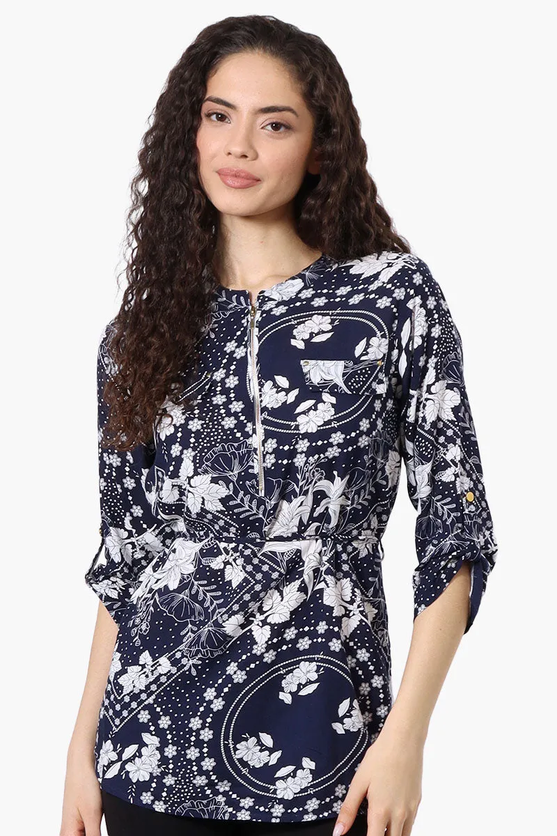 Beechers Brook Floral Half Zip Tie Waist Blouse - Navy sold by Fairweather