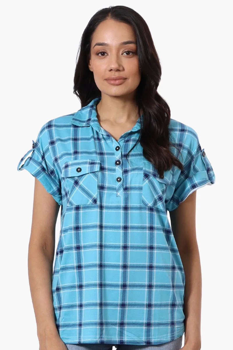 Urbanology Plaid Button Down Short Sleeve Shirt - Blue sold by Fairweather