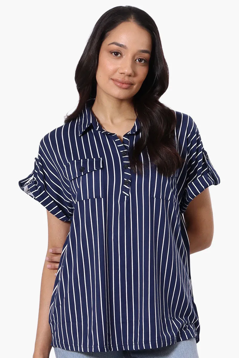 Urbanology Striped Button Down Short Sleeve Shirt - Navy sold by Fairweather