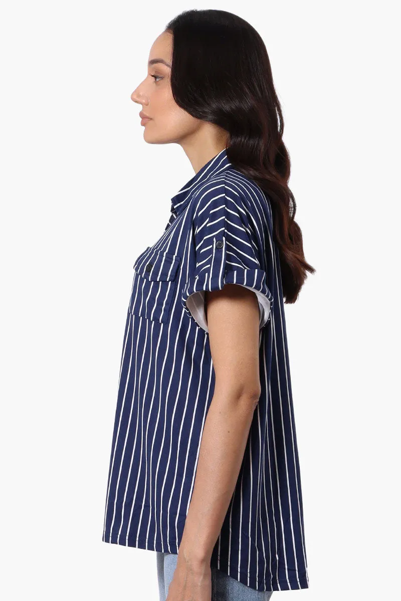 Urbanology Striped Button Down Short Sleeve Shirt - Navy sold by Fairweather product image thumbnail 2