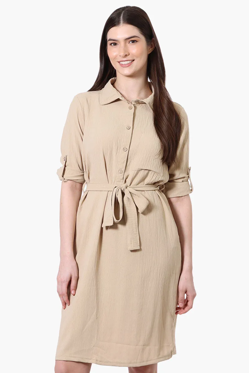 Stylexchange Vintage Belted Roll Up Sleeve Day Dress - Beige sold by Fairweather