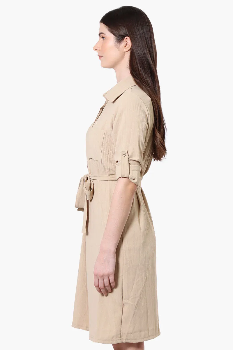 Stylexchange Vintage Belted Roll Up Sleeve Day Dress - Beige sold by Fairweather product image thumbnail 2