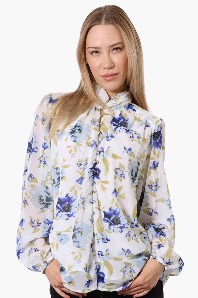 Limite Floral Mock Neck Sheer Blouse - White sold by Fairweather
