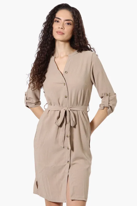 Urbanology Button Down Belted Day Dress - Beige sold by Fairweather