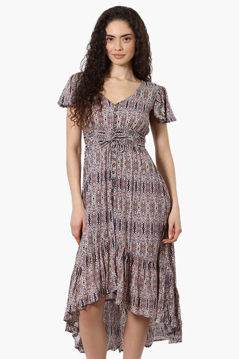 Limite Patterned Cinched Waist High Low Midi Dress - Multi sold by Fairweather