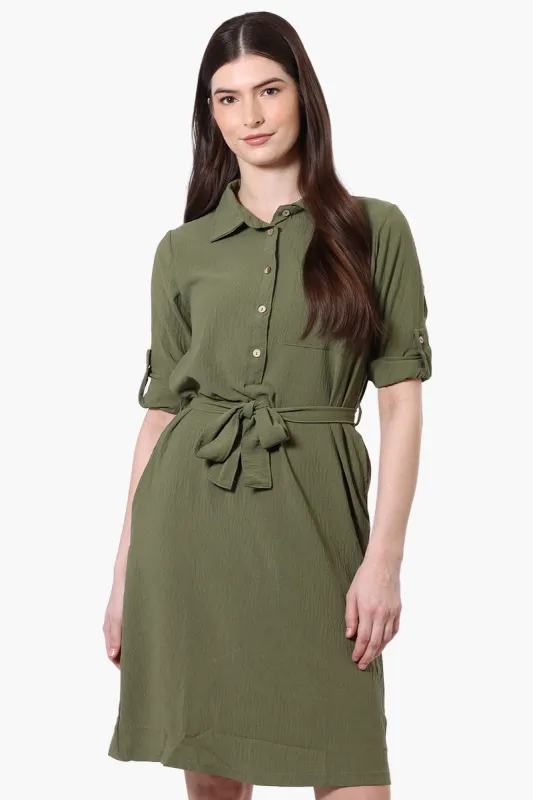 Stylexchange Vintage Belted Roll Up Sleeve Day Dress - Olive sold by Fairweather