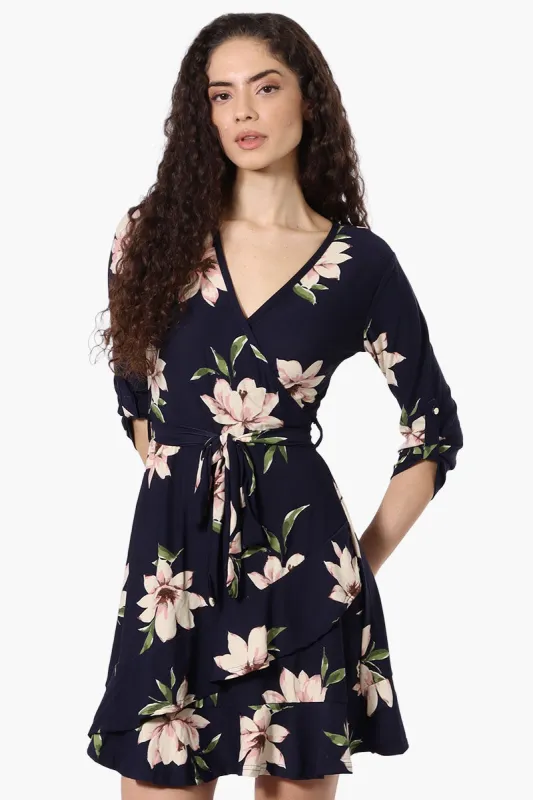 International INC Company Floral Belted Crossover Day Dress - Navy sold by Fairweather