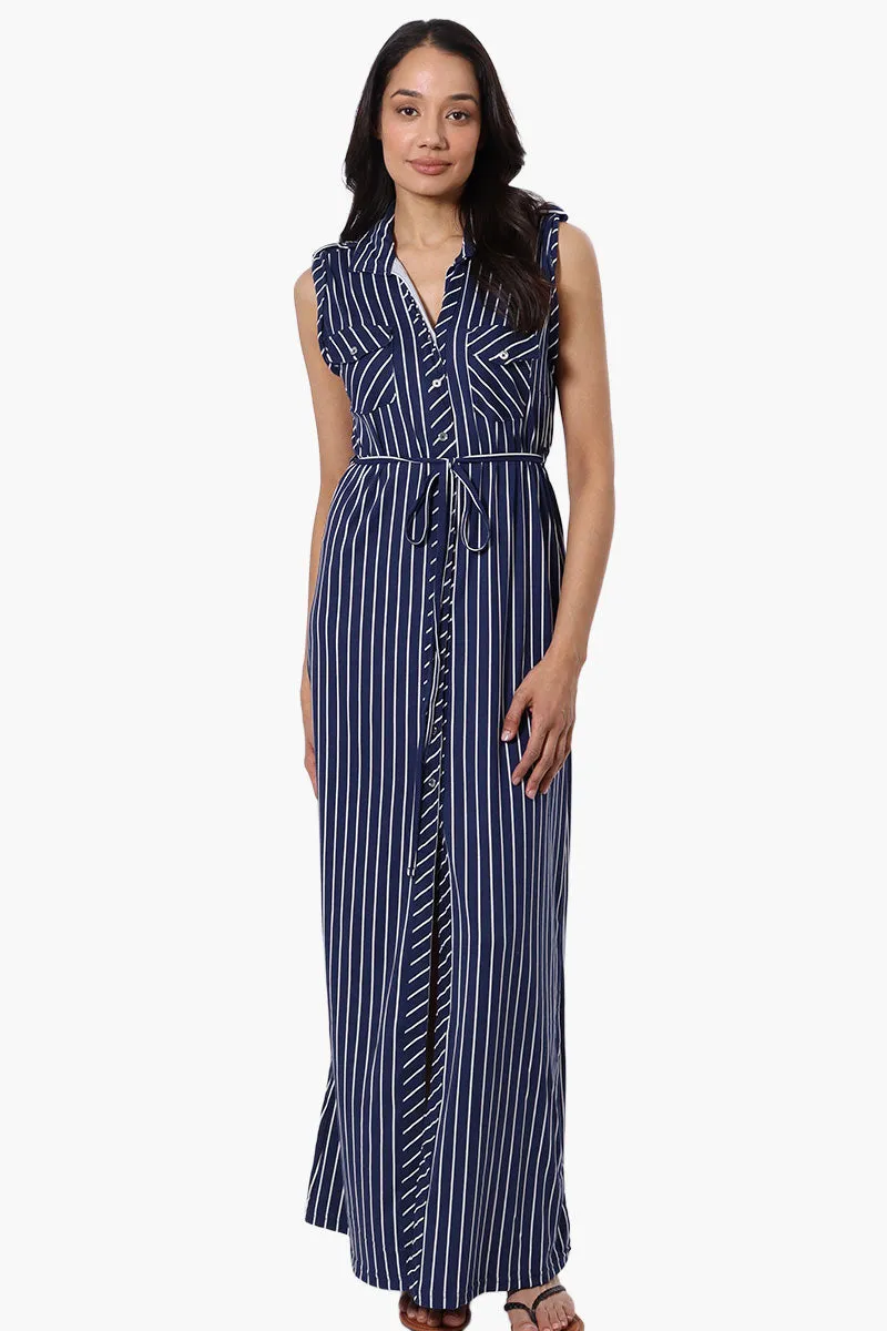 International INC Company Striped Belted Button Down Maxi Dress - Navy sold by Fairweather