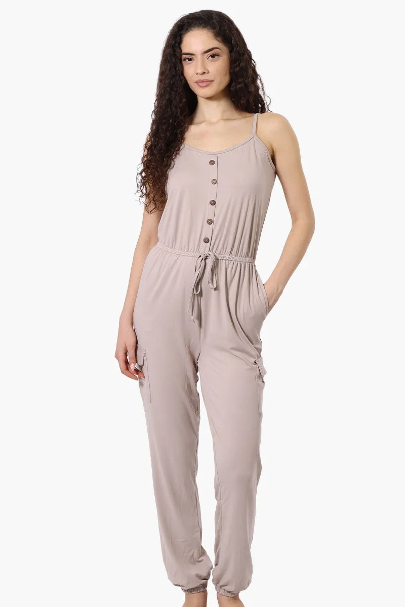 Urbanology Tie Waist Sleeveless Cargo Jumpsuit - Beige sold by Fairweather
