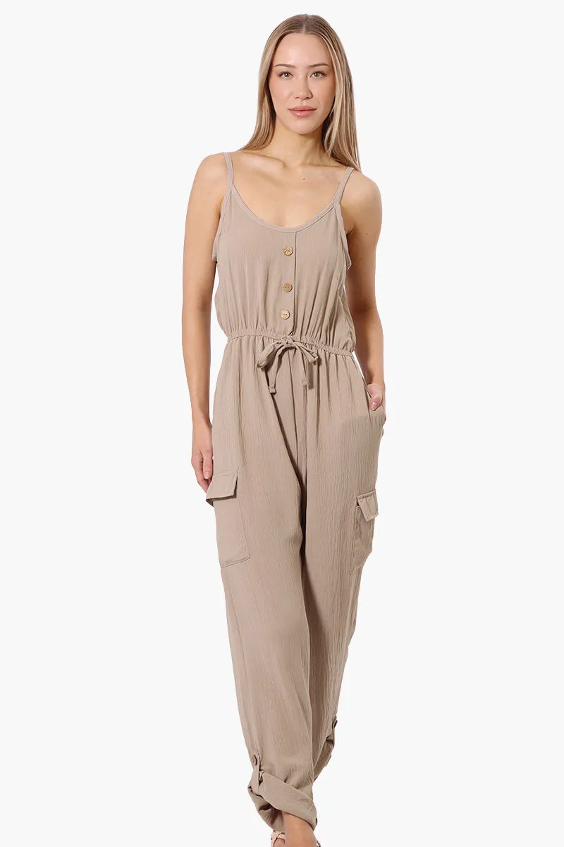 Urbanology Tie Waist Sleeveless Cargo Jumpsuit - Beige sold by Fairweather
