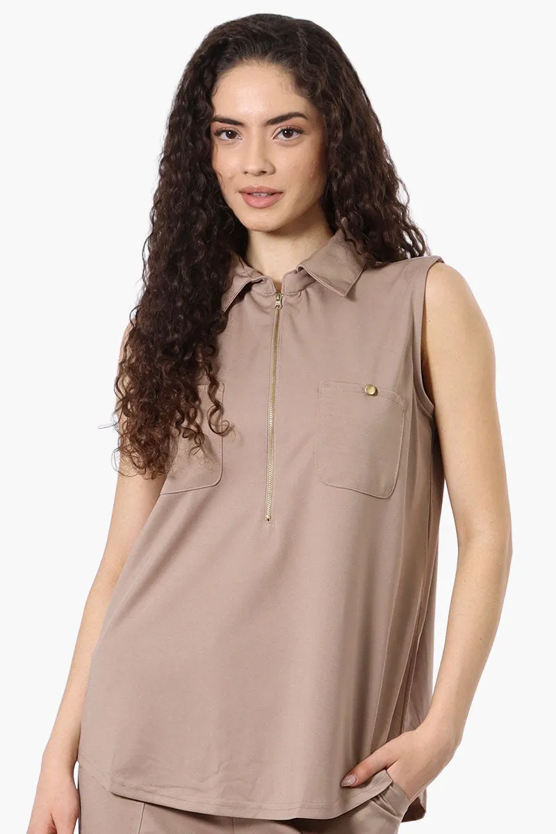 Costa Blanca Half Zip Sleeveless Blouse - Beige sold by Fairweather