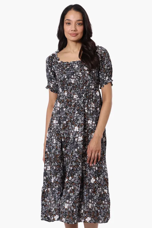 Beechers Brook Floral Smocked Square Neck Maxi Dress - Black sold by Fairweather