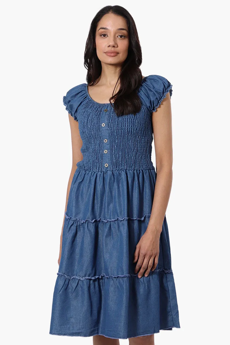 Impress Cap Sleeve Smocked Denim Day Dress - Blue sold by Fairweather