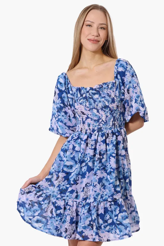 Majora Floral Puff Sleeve Smocked Day Dress - Blue sold by Fairweather