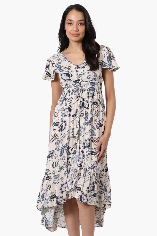 Limite Floral Cinched Waist High Low Midi Dress - Cream sold by Fairweather
