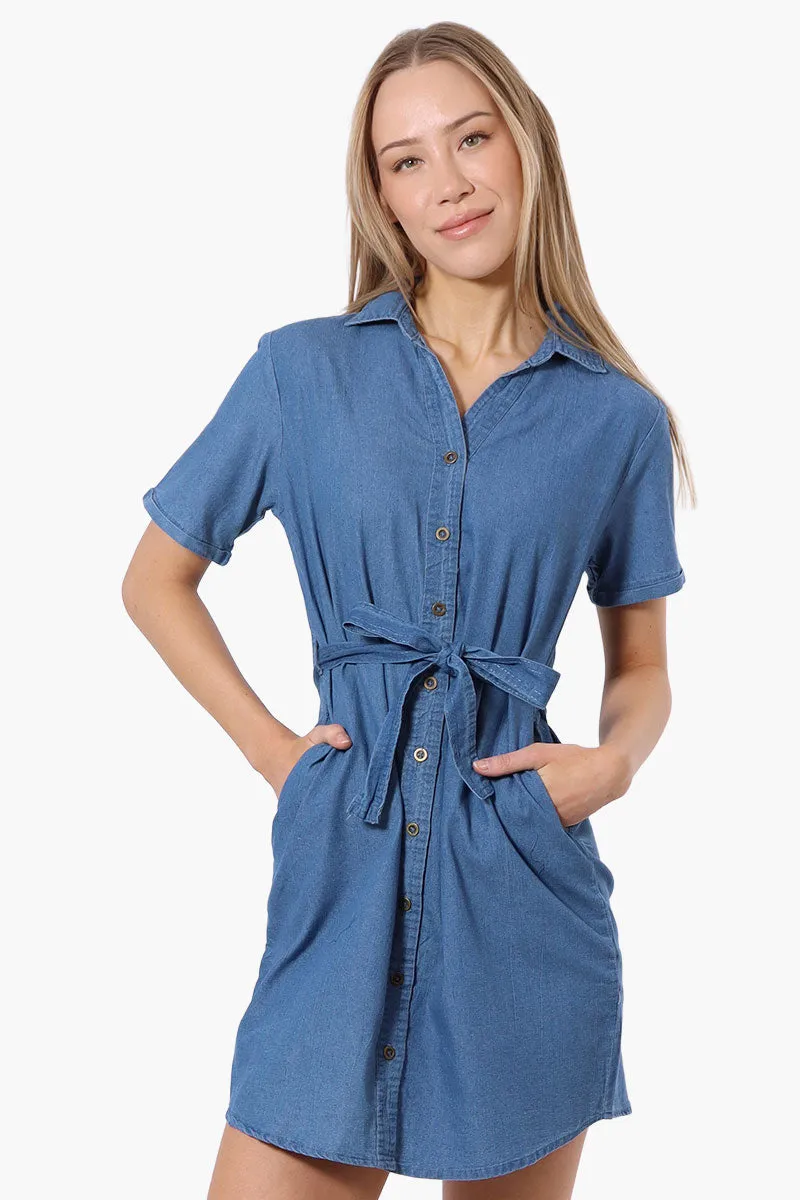 Impress Denim Button Down Short Sleeve Day Dress - Blue sold by Fairweather