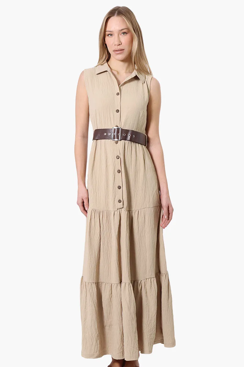 International INC Company Belted Button Down Tiered Maxi Dress - Beige sold by Fairweather