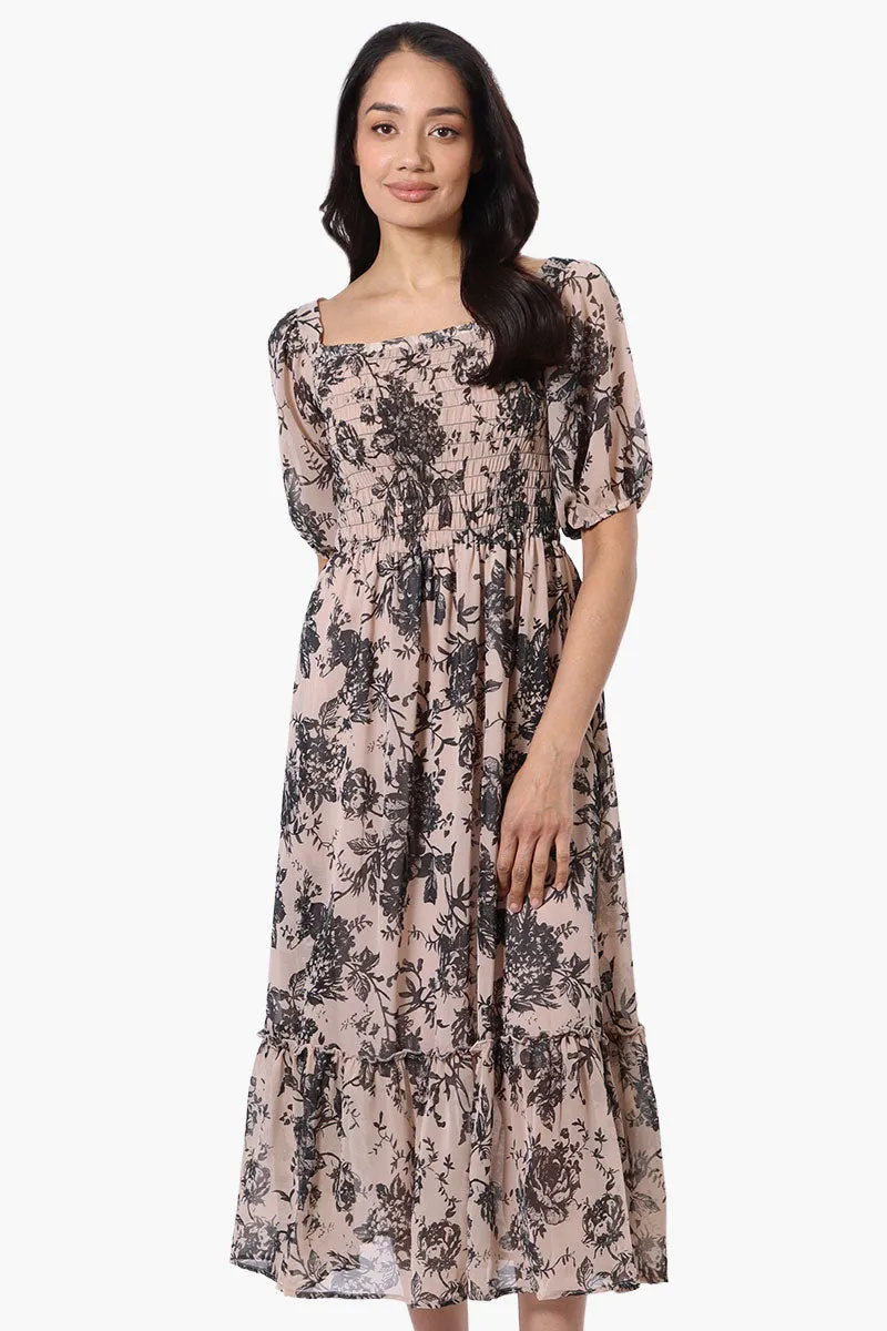 Limite Floral Smocked Square Neck Maxi Dress - Beige sold by Fairweather