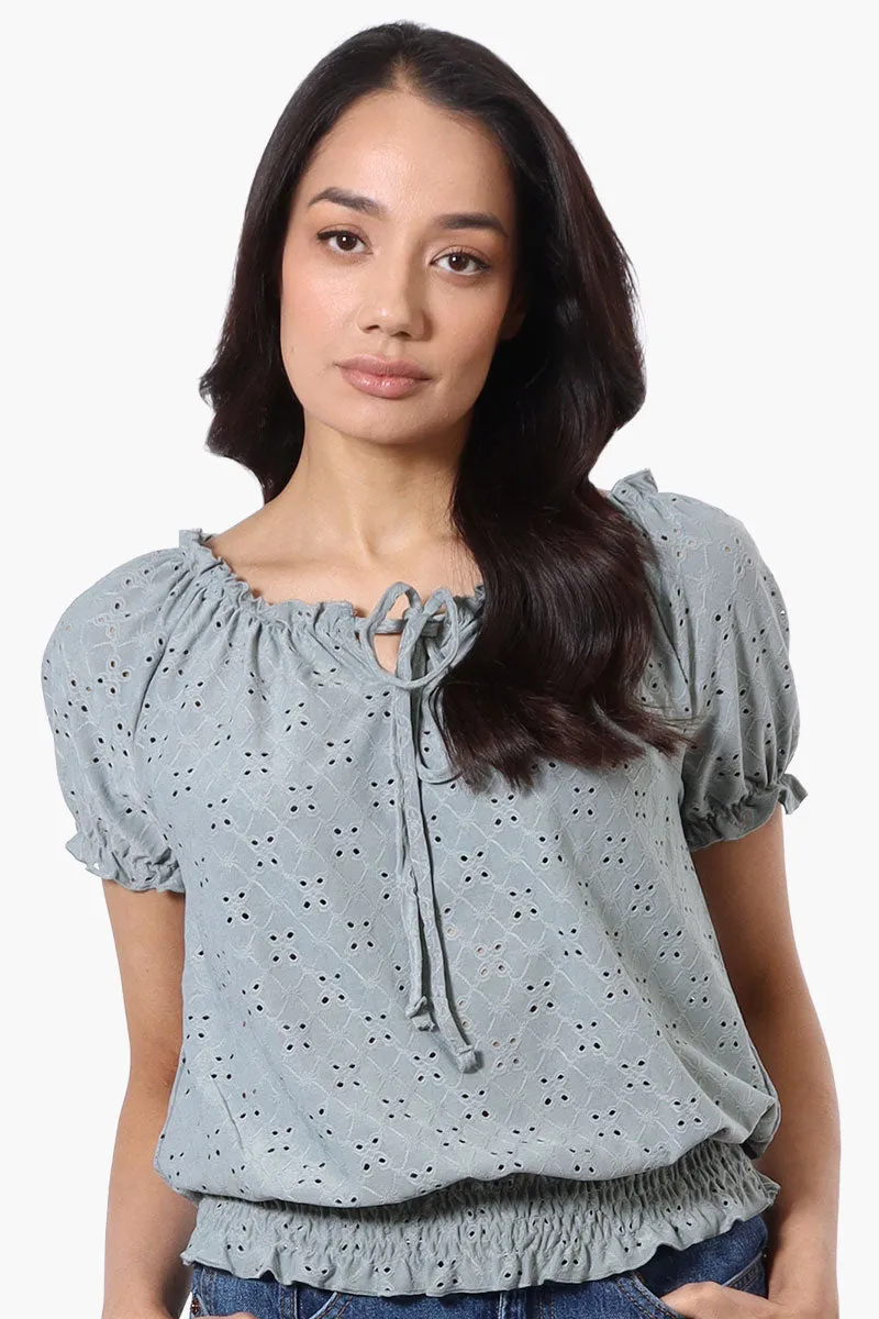 Urbanology Eyelet Drawstring Neck Blouse - Mint sold by Fairweather