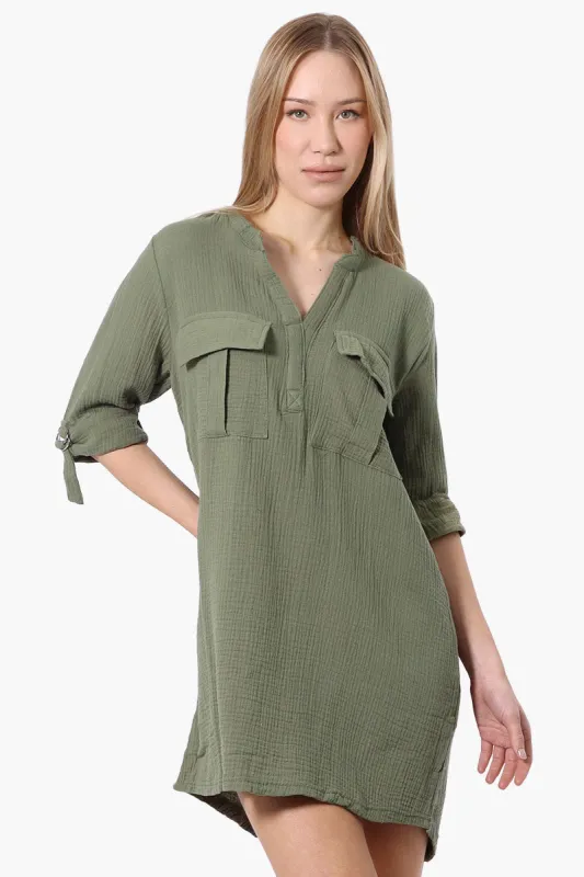 Impress Roll Up Sleeve Shirt Day Dress - Olive sold by Fairweather