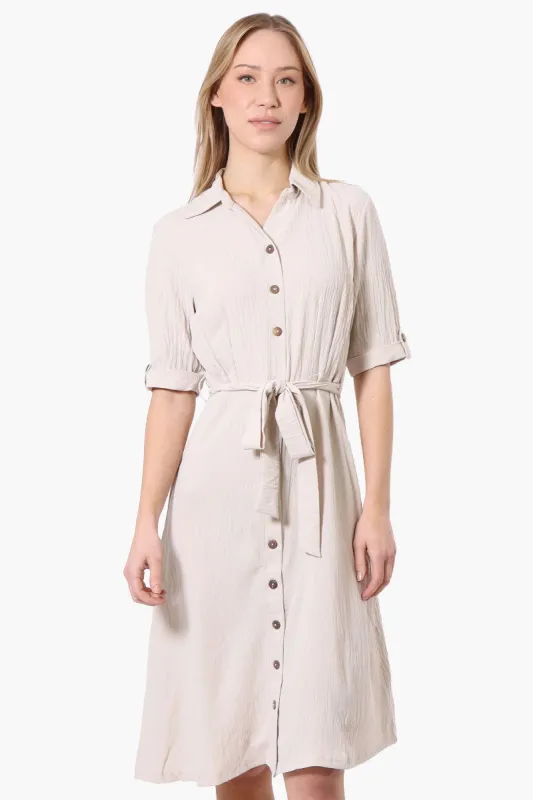 Urbanology Belted Roll Up Sleeve Day Dress - Cream sold by Fairweather