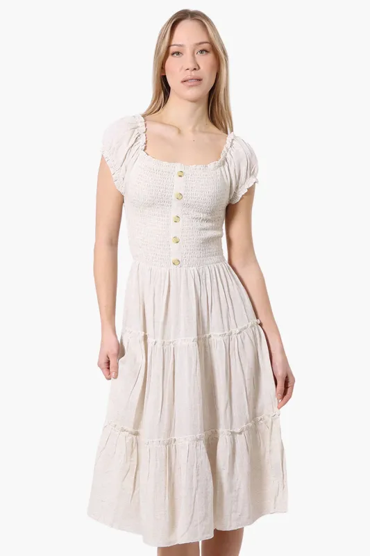 Impress Square Neck Smocked Day Dress - Beige sold by Fairweather