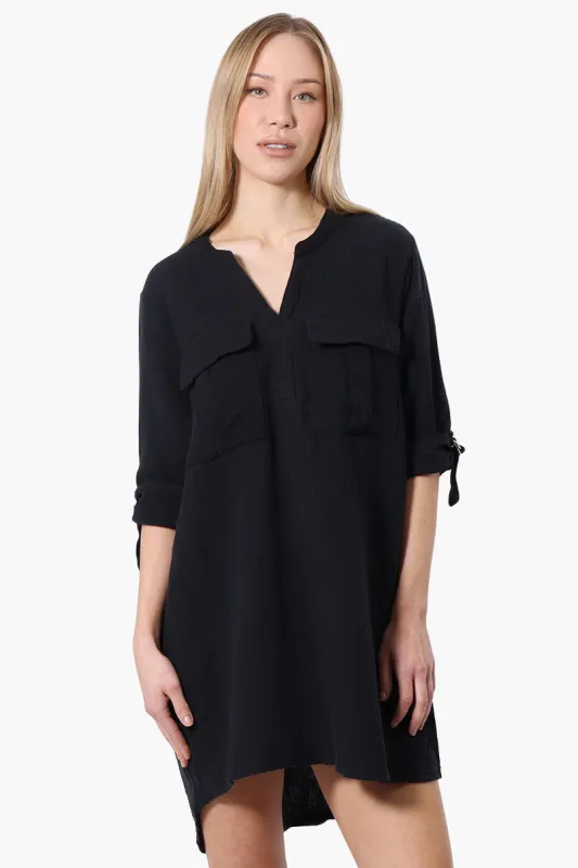 Impress Roll Up Sleeve Shirt Day Dress - Black sold by Fairweather