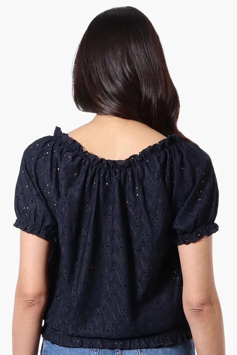 Urbanology Eyelet Drawstring Neck Blouse - Navy sold by Fairweather product image thumbnail 3
