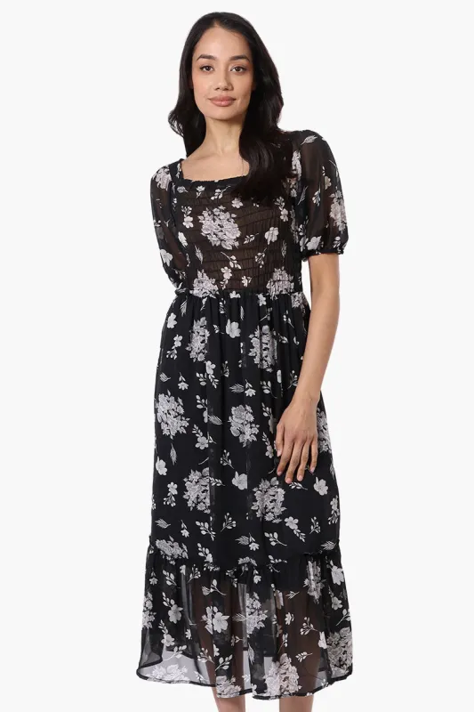 Limite Floral Smocked Square Neck Maxi Dress - Black sold by Fairweather