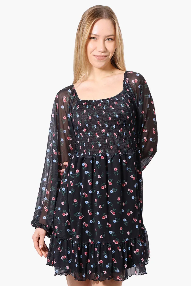Costa Blanca Floral Square Neck Smocked Day Dress - Black sold by Fairweather