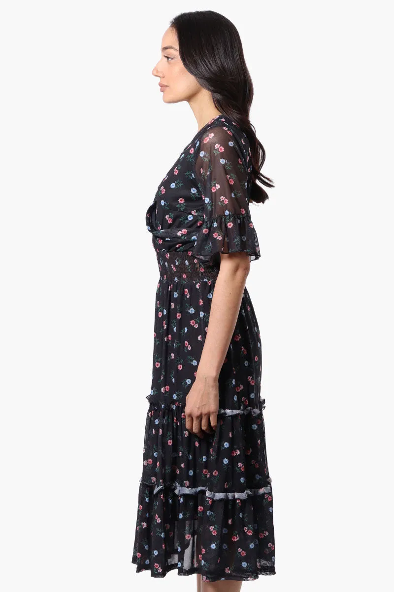 Costa Blanca Floral Crossover Tiered Midi Dress - Black sold by Fairweather product image thumbnail 2