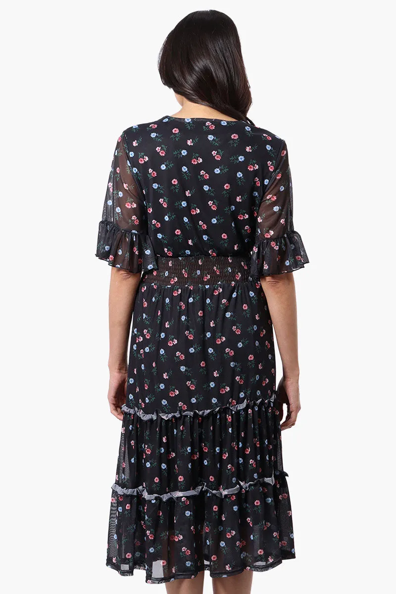 Costa Blanca Floral Crossover Tiered Midi Dress - Black sold by Fairweather product image thumbnail 3