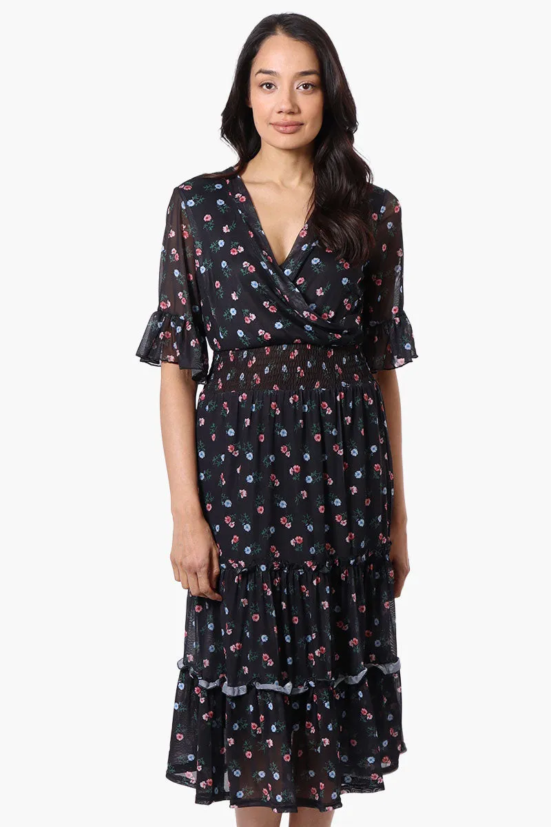 Costa Blanca Floral Crossover Tiered Midi Dress - Black sold by Fairweather