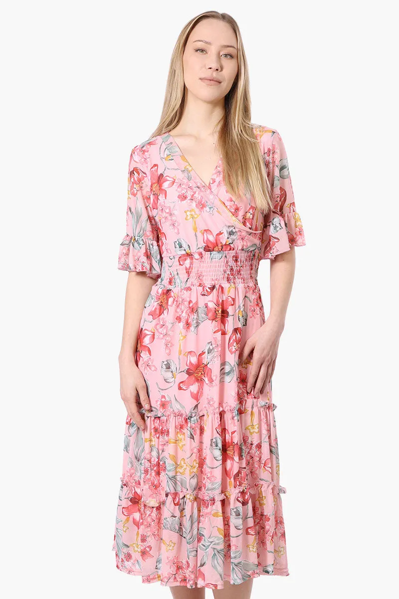 Costa Blanca Floral Crossover Tiered Midi Dress - Pink sold by Fairweather