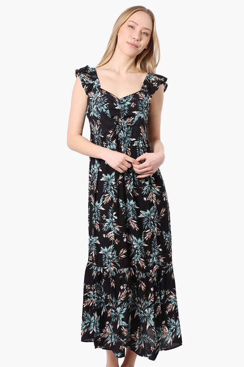 International INC Company Leaf Pattern Ruffle Strap Maxi Dress - Black sold by Fairweather