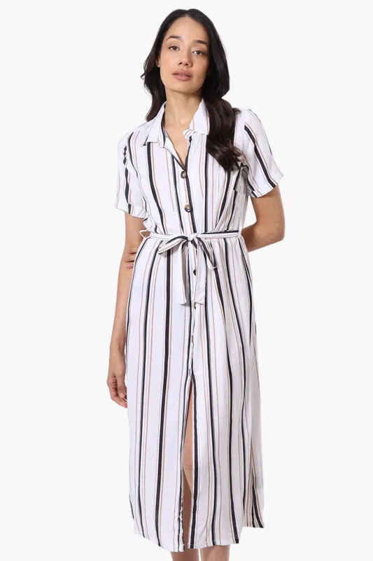 Beechers Brook Striped Button Down Belted Maxi Dress - White made by Fairweather