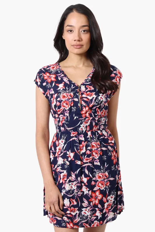 International INC Company Floral Smocked Waist Day Dress - Navy made by Fairweather