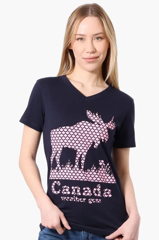 Canada Weather Gear Moose Print V-Neck Tee - Navy sold by Fairweather