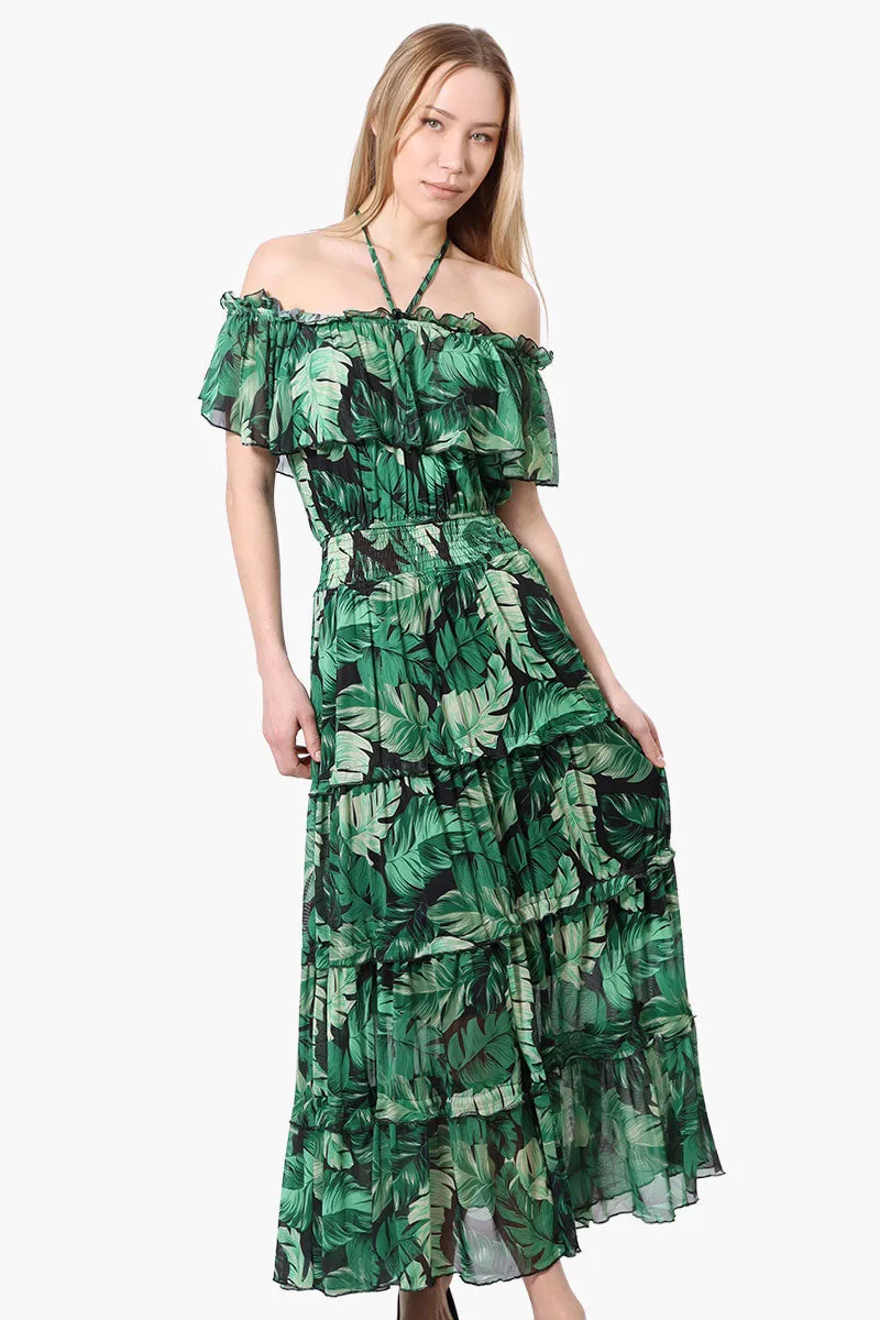 Costa Blanca Leaf Pattern Halter Strap Tiered Maxi Dress - Green sold by Fairweather