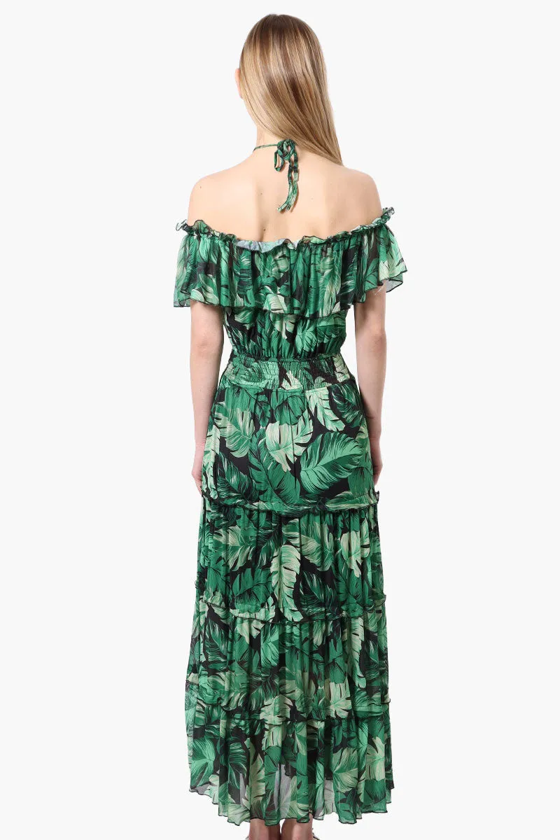 Costa Blanca Leaf Pattern Halter Strap Tiered Maxi Dress - Green sold by Fairweather product image thumbnail 3