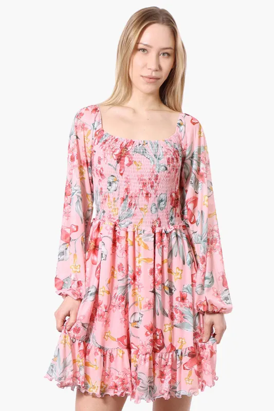 Costa Blanca Floral Square Neck Smocked Day Dress - Pink sold by Fairweather