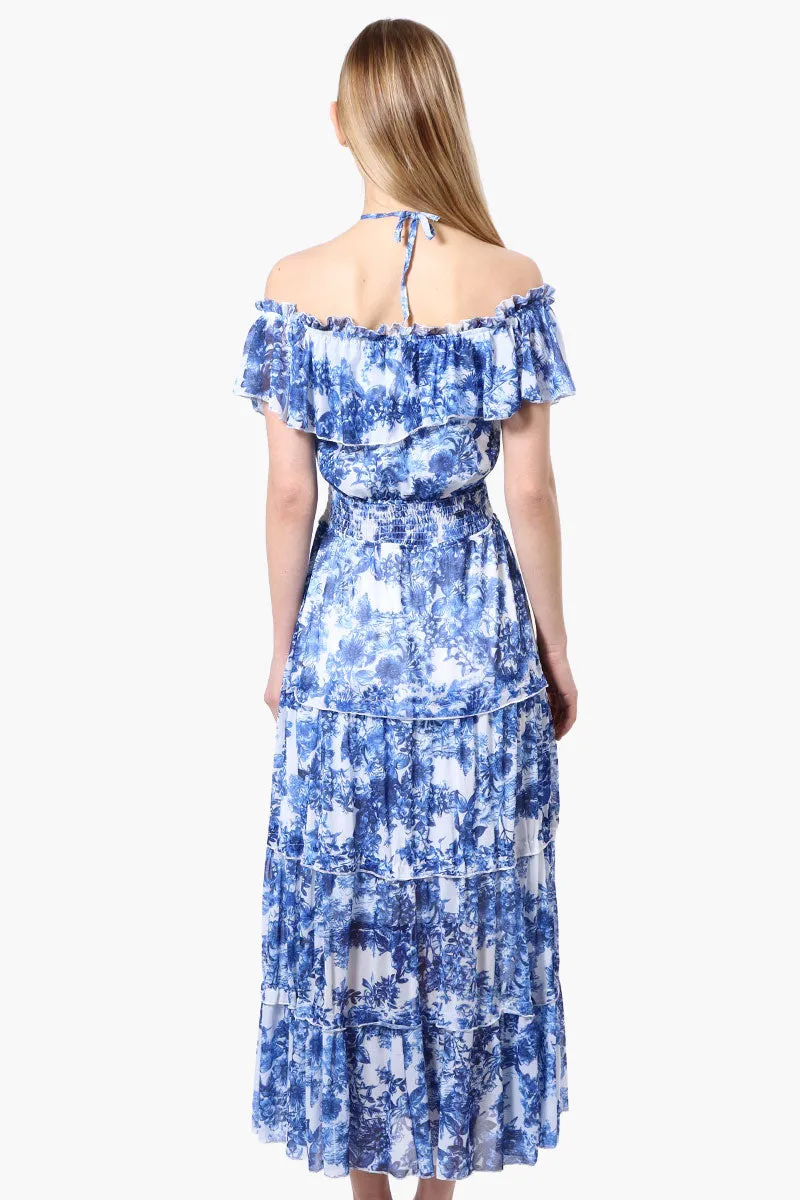 Costa Blanca Leaf Pattern Halter Strap Tiered Maxi Dress - Blue sold by Fairweather product image thumbnail 3