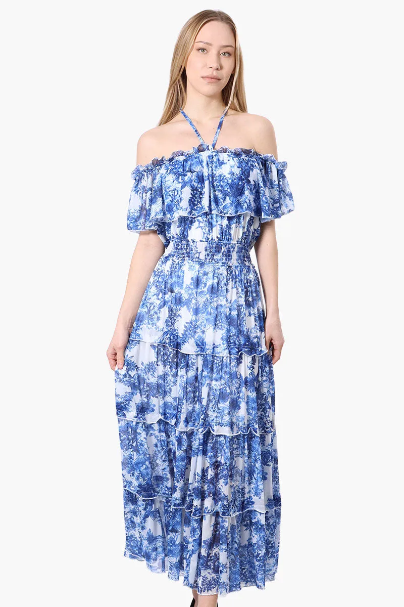 Costa Blanca Leaf Pattern Halter Strap Tiered Maxi Dress - Blue sold by Fairweather
