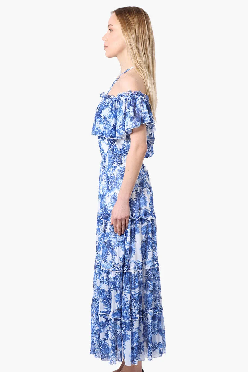 Costa Blanca Leaf Pattern Halter Strap Tiered Maxi Dress - Blue sold by Fairweather product image thumbnail 2